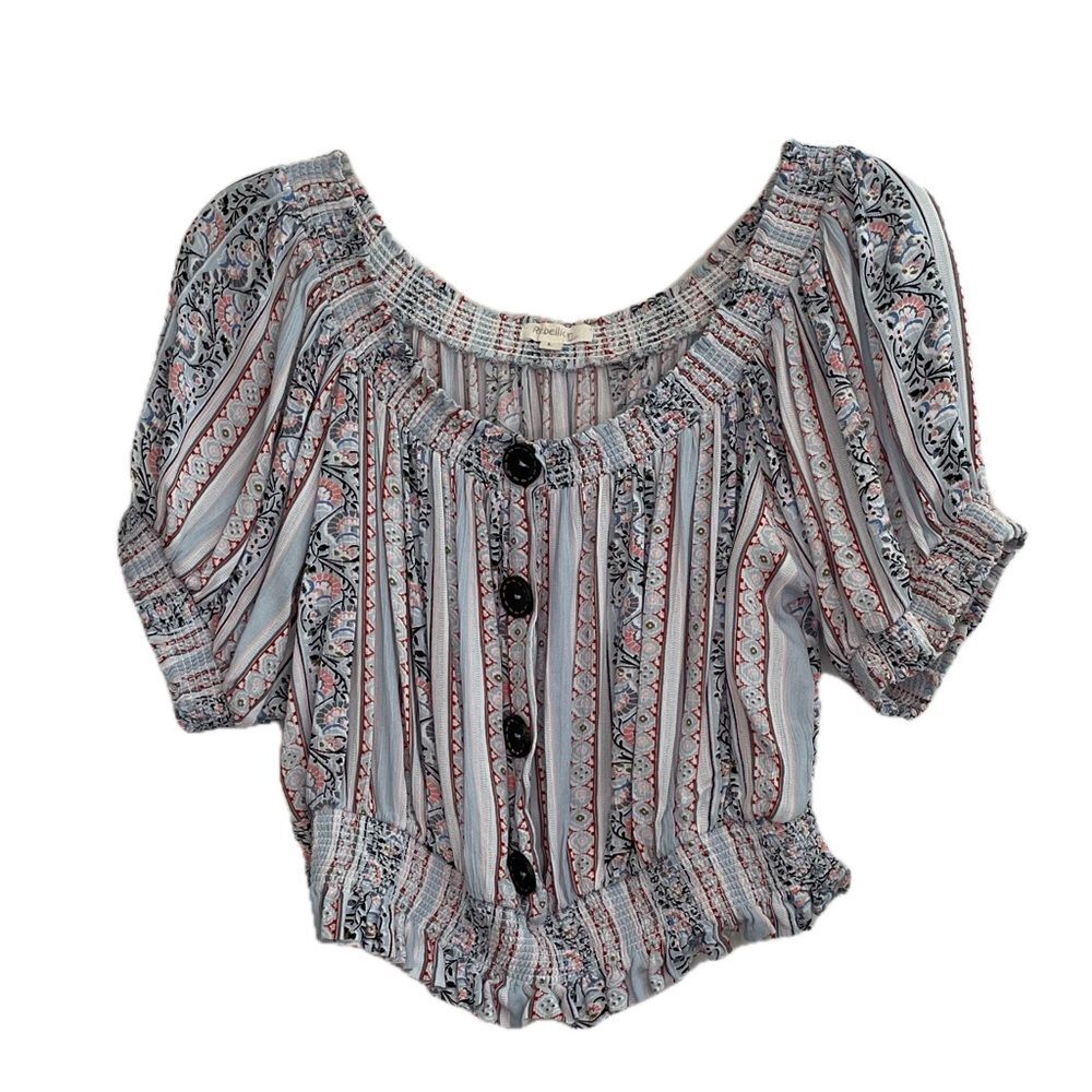 Rebellion Again Boho Smocked Crop Top Puff Sleeve Cottagecore Festival Large
